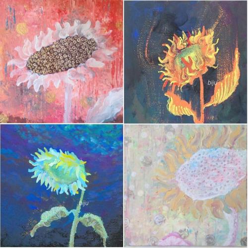 絵画【喜】【怒】【哀】【楽】　アクリル画　暖色系　寒色系　パステルカラー